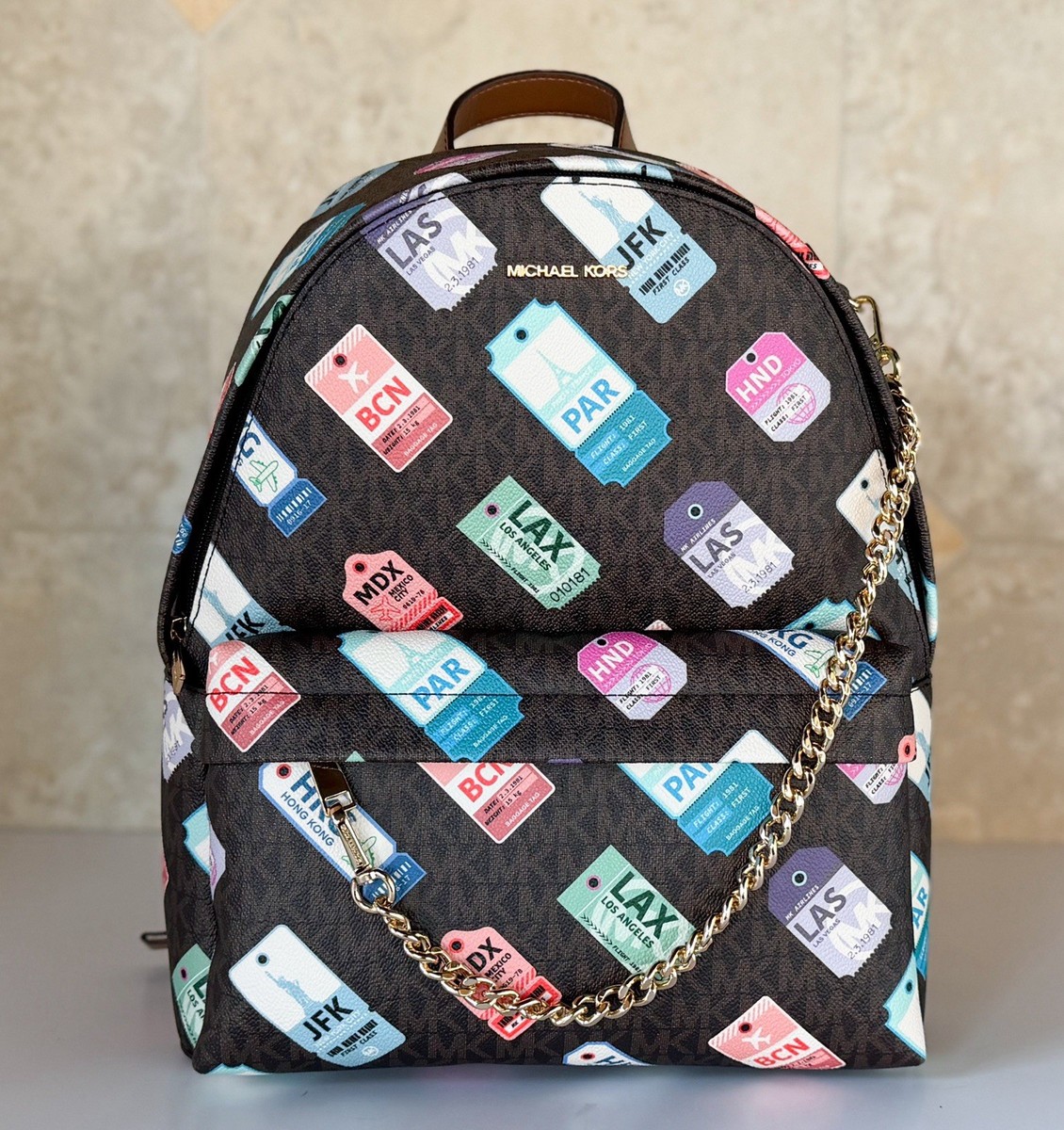 Michael Kors Slater Medium Chain Backpack MK Brown | eBay