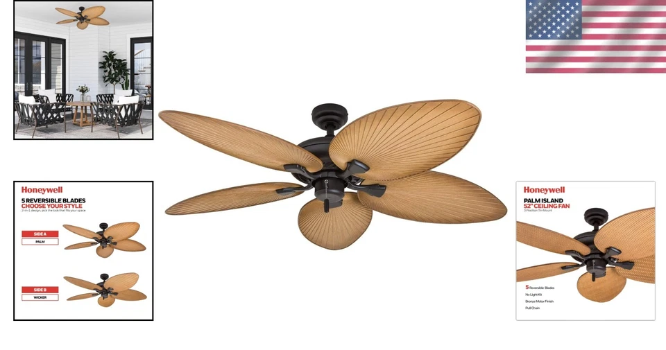 Tropical 52-Inch Indoor Outdoor Ceiling Fan - 5 Palm Leaf Blades, Bronze Finish - Image 2 of 4