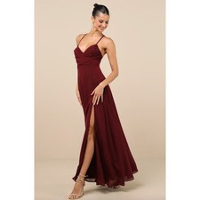 Lulus Event Ready Burgundy Backless Lace-Up Maxi Dress Chiffon Formal Small NWT