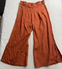 Rewash Pants Wide Leg Flare Crop Linen Burnt Orange Button Fly Side BOHO M 31x23