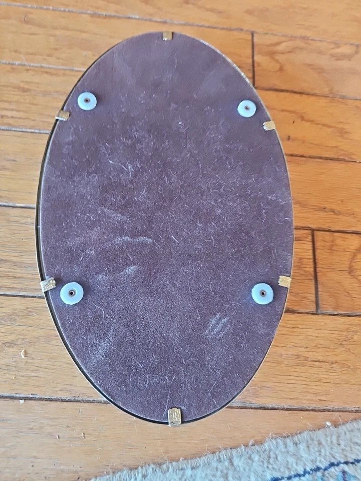 Vintage Gold Filigree Vanity Mirror Or Tray; Ornate Brass; Velvet Back 13x9 Oval - Image 4 of 4