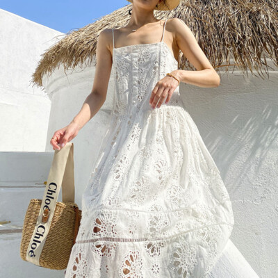 French Style Womens Womens Dress Summer White Suspender Beach Skirt  Embroidered | eBay