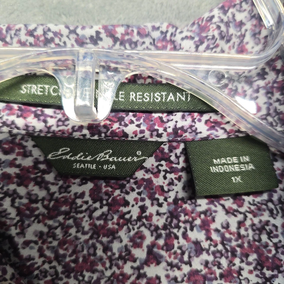 Blusa Eddie Bauer Top Mujer Talla 1X Púrpura Floral Algodón Ajustada con Botones Foto 3 de 4