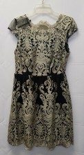 Juniors Size Large Black with Gold Metallic Appliques Formal Tea Dress