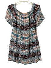 Xhilaration On / Off Shoulder Blue & Coral Floral Striped Mini Dress  Size S
