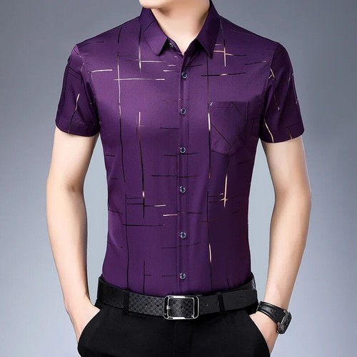 Camisa de trabajo de negocios elástica de secado rápido de seda helada antiarrugas para hombre manga corta - Imagen 5 de 29