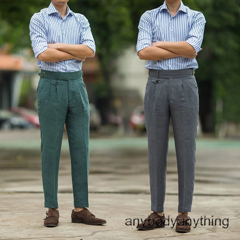 Men Retro GURKHA Pants Casual Linen Pants Business Trousers Straight High  Waist