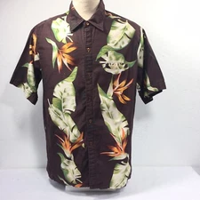 Barefoot in Paradise Mens XL Hawaiian Shirt Bird of Paradise Monstera Brown Vtg 