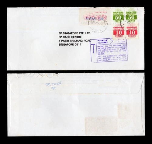 Singapore 1990's local unpaid cover, affixed Postage Due 10cx2, 50cx2 & 2c label