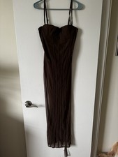 Women's Brown Full Slip Spaghetti Strap Lingerie Dress with Sheer Overlay