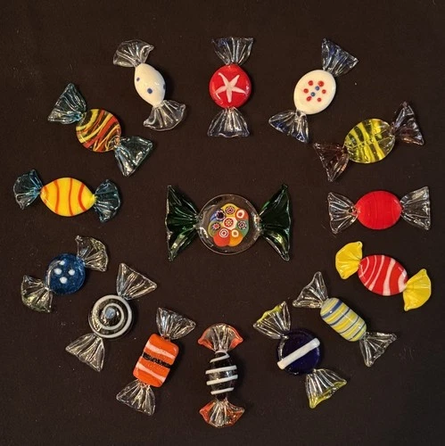 LOT of 15 Colorful VTG Murano Style Art Glass Wrapped Candy Pieces + Millefiori