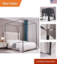 King Size Black Canopy Bed with Posts & Curtains – Perfect for Kids' Rooms