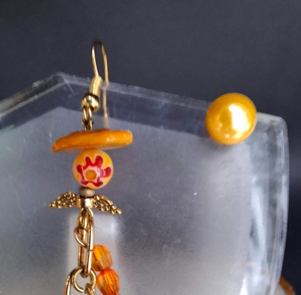 Ohrringe Perlen Stecker + Hänger Messing Perlen Achat 10cm Schutzengel Unikat - Bild 4 von 4