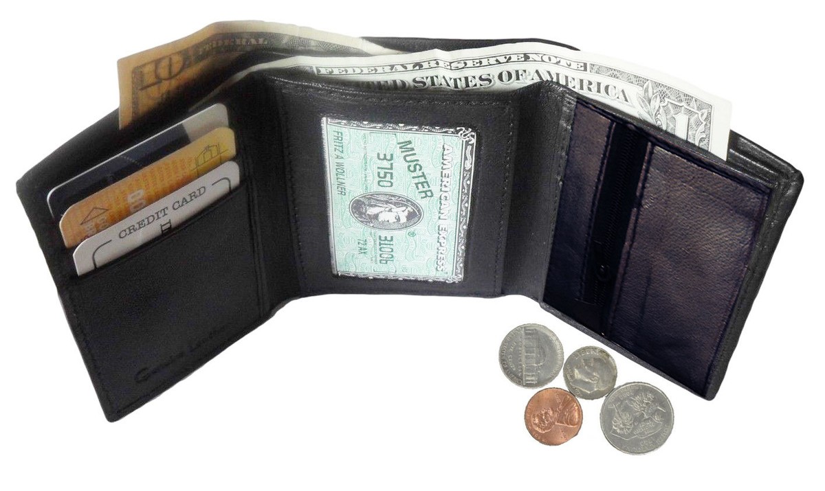 Black Men's Trifold Genuine Leather Wallet Credit Card ID Holder