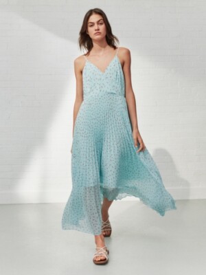 NWT Uniqlo Pleated Camisole Printed Dress Size L light Blue with Red Dots |  eBay
