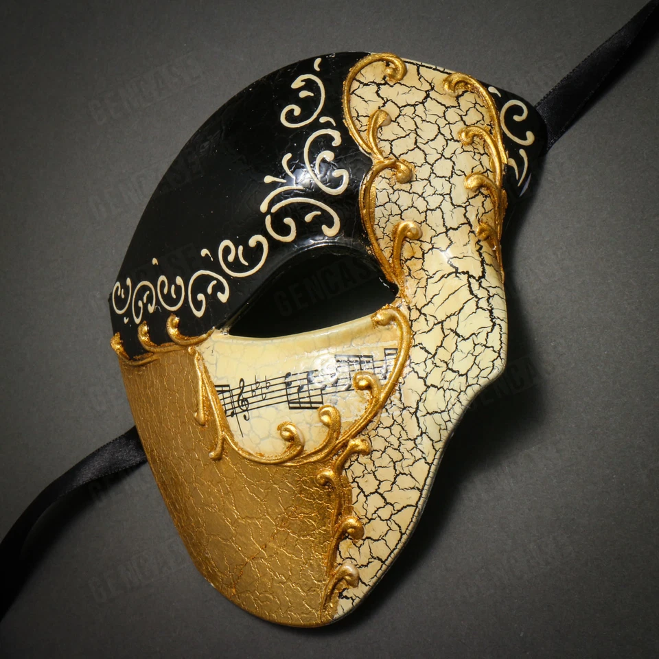 Half Face Phantom of Opera Masquerade Venetian Mardi Gras Mask - Black Gold - Image 2 of 3
