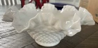 VINTAGE FENTON MILK GLASS HOBNAIL RUFFLED BOWL ART GLASS 10"
