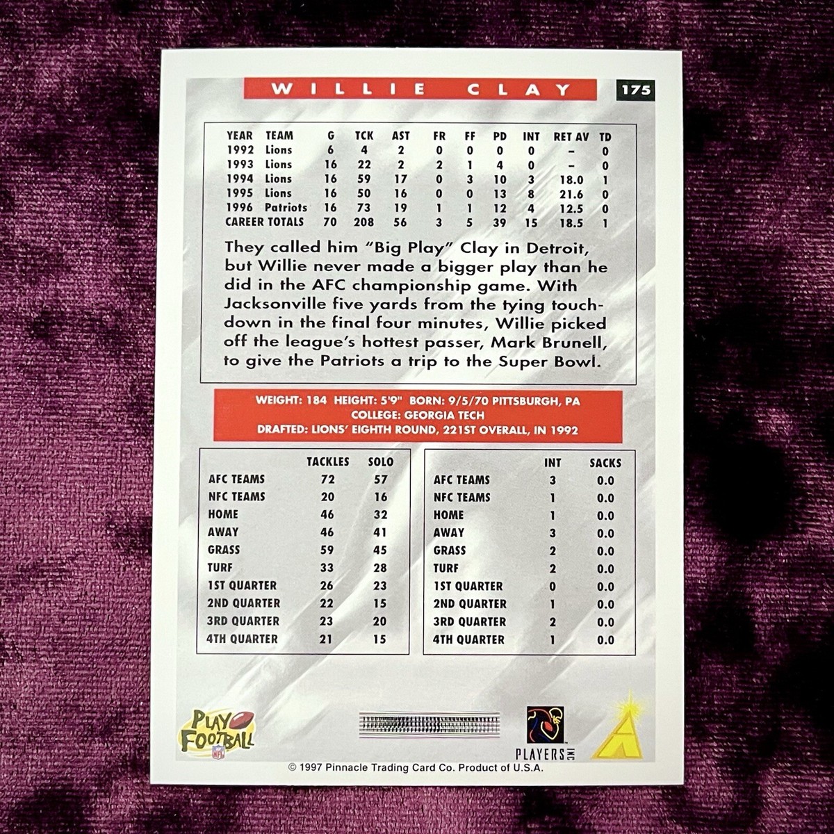 Willie Clay 1997 Score Football #175 MINT Georgia Tech Legends