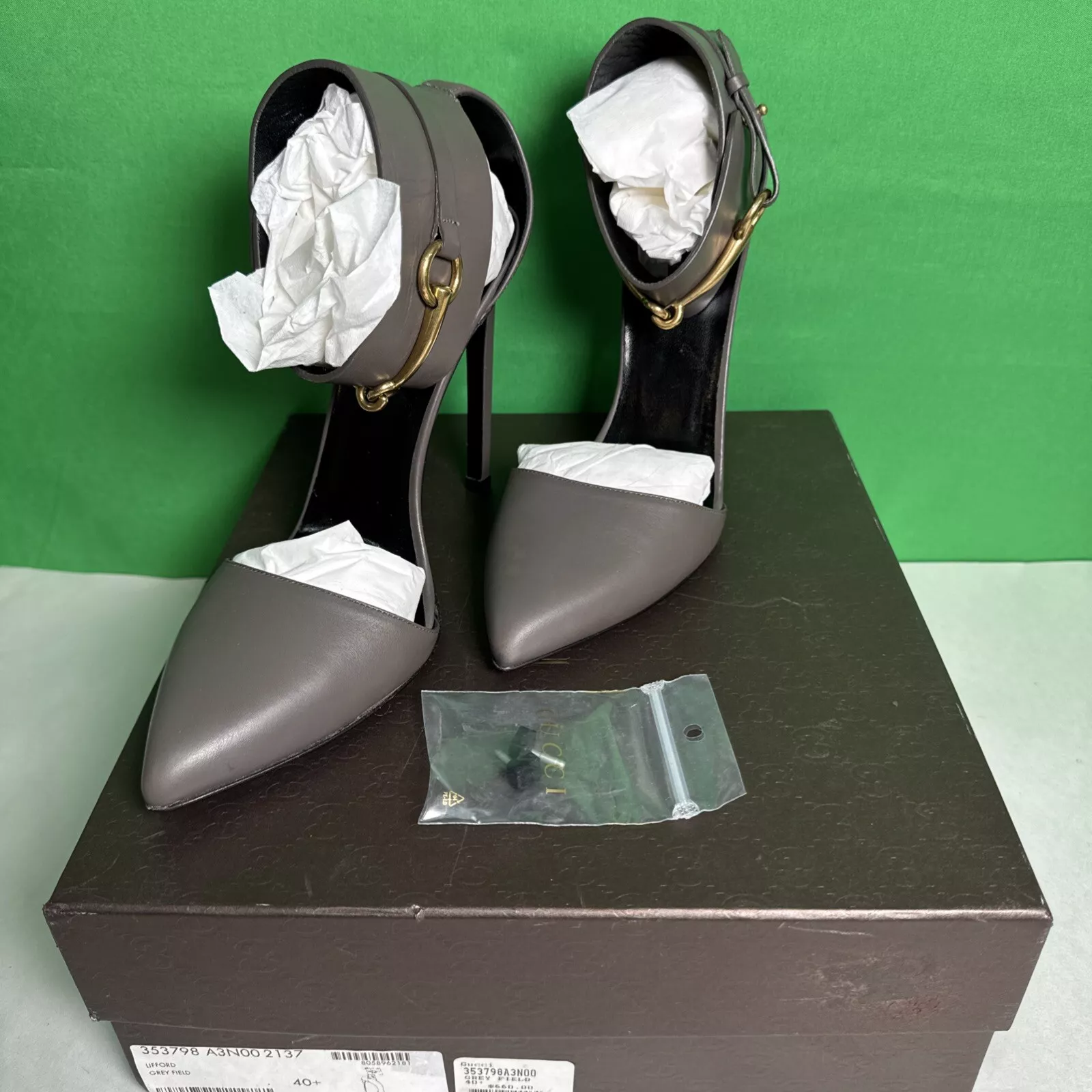 CHAUSSURES GUCCI LIFFORD GRIS CHAMP BRIDE CHEVILLE CUIR MORS DE CHEVAL BOUT FERMÉ 40,5