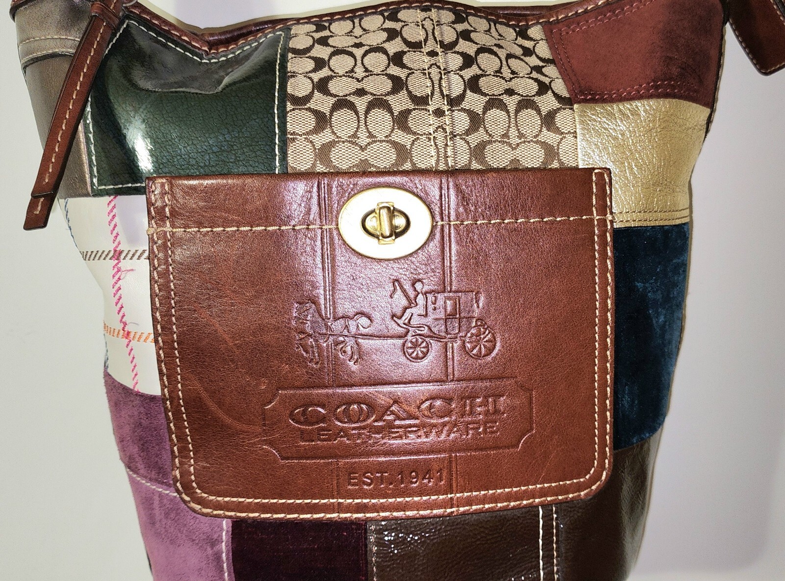 Auth VINTAGE COACH Multi Patchwork LG Bleeker Lea… - image 8