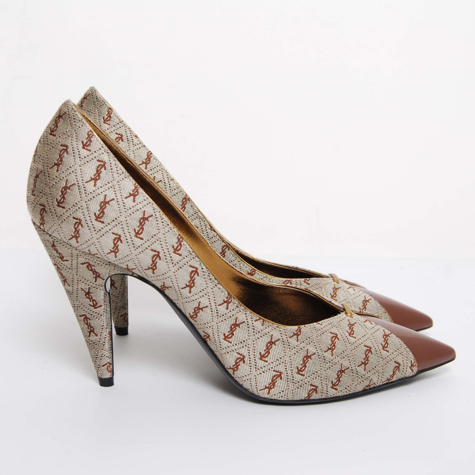 Scarpe décolleté Yves Saint Laurent donna marroni tessuto pelle cono tacco alto 38 5 EUR