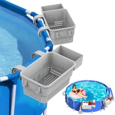 2 Pack Poolside Storage Basket with Cup Holder & Hooks for Above Ground Pool
