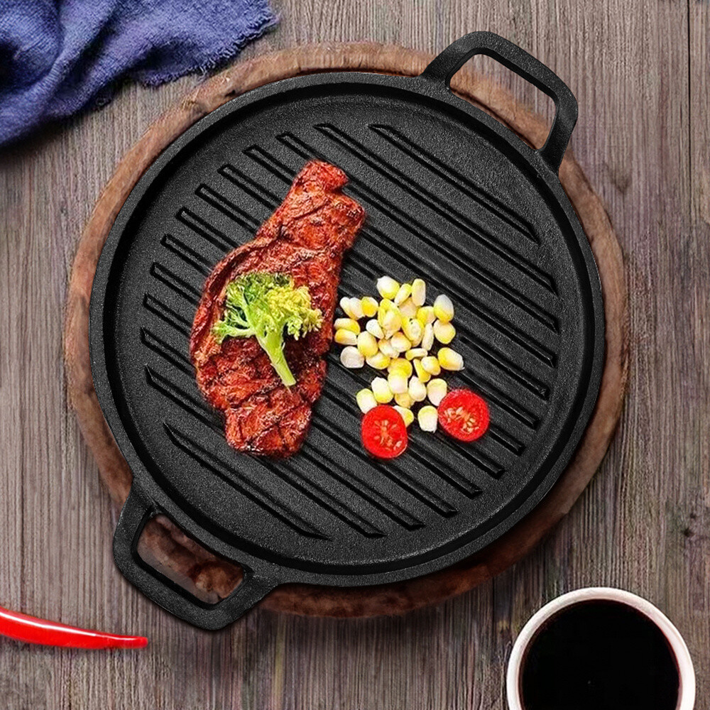Round Non-Stick Cast Iron Reversible Griddle Plate Grill Pan BBQ Hob  Cooking NEW