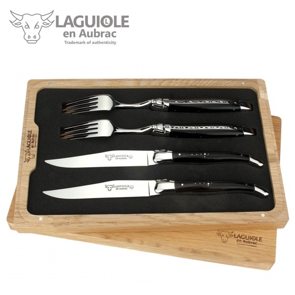 Laguiole En Aubrac - 2 Steakmesser + 2 Gabeln - BüFfelhorn - Besteck Frankreich-image