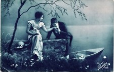 RPPC BlueTint Cyanotype Romantic Couple Boat 1923 FotoclereStudio Italy WOB N389