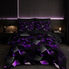 Nttopship Purple Black Geometric Comforter Set King Size 7PCS