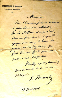 BRANLY (Edouard) Physikforscher, Arzt. Autogrammbrief signiert, 1916.