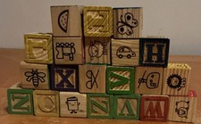 Old Wooden Blocks Alphabet Letters And Pictures Lot Of 21 ABC, Missing F  S