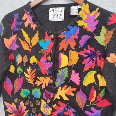 Vintage MICHAEL SIMON Cardigan Sweater Sz S Fall Leaves Acorns Beads Embroidered