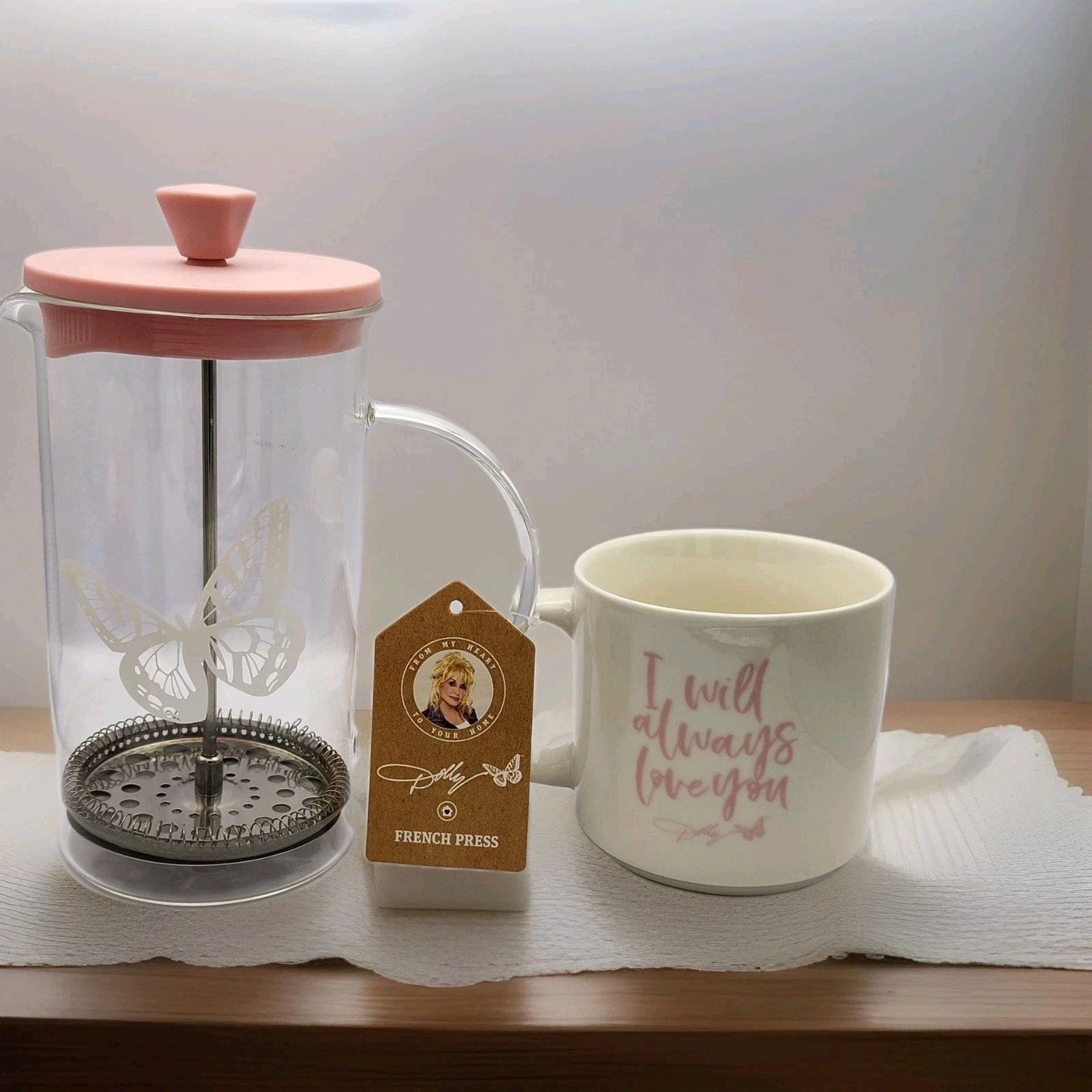 Dolly Parton French Press Glass Pink Butterfly Coffee Mug I Will Always Love You