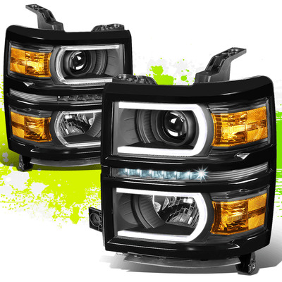 LED DRL U-Strip Projector Headlights for Chevy Silverado 14-15 Black Amber Pair
