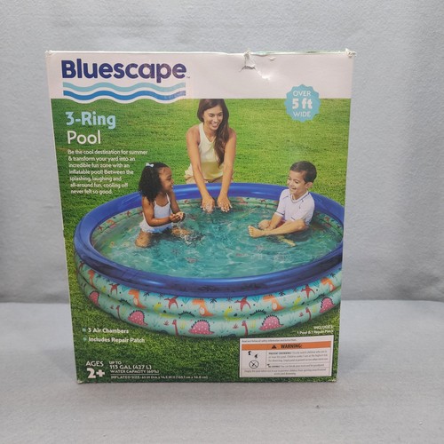 Bluescape 3-Ring Inflatable Pool Blue Dinosaur Print 65in Wide Kids Ages 2+ NEW - Afbeelding 1 van 5