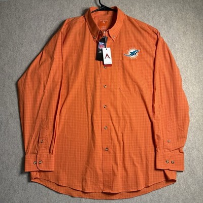 Antigua NFL Miami Dolphins Mens Orange Gingham Long Sleeve Button Up Shirt Large