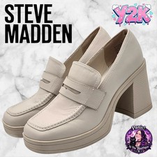 Steve Madden Platform Chunky Heel Loafer Women 8.5 Beige Faux Leather Bratz Y2K