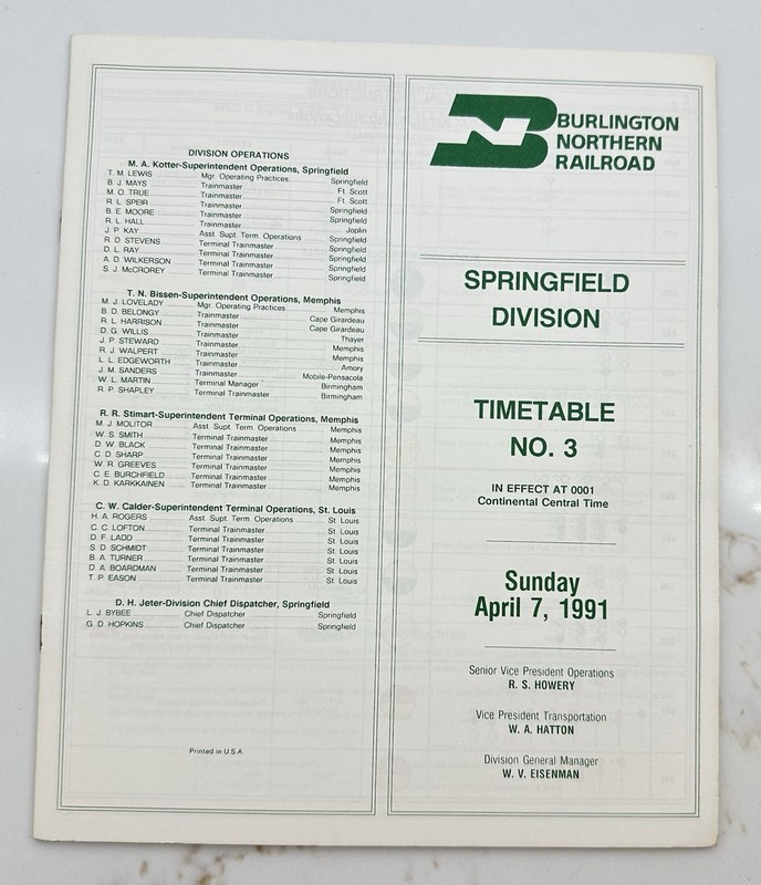 BN Springfield division ETT No 3 4/7/1991 Burlington Northern employee timetable