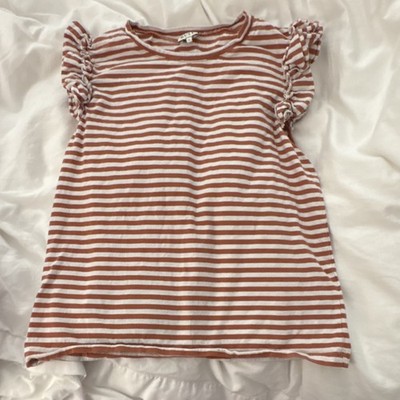 Kule Striped Ruffle Flutter Sleeve Cotton Cropped Blouse Brown/White Size S