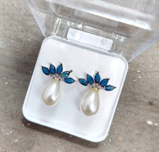 CZ Blue Crystal Leaf Pearl Drop Stud Earrings Silver Tone Elegant Party Jewelry