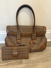 Coach Signature Jacquard BrownCanvas Leather Shoulder Bag AND Wallet