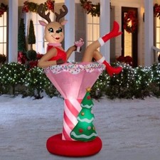 7ft Christmas Inflatable Reindeer in Pink Cocktail Drink LED Lights Yard Decor