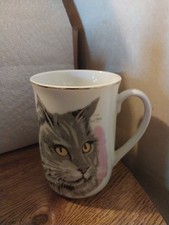 Porcelain Grey Gray Tabby Cat Coffee Mug Cup Gold Trim