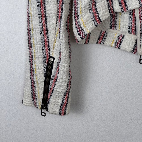 Veronica Beard Mara Moto Tweed Jacket Striped Sz 4 White Black Red Yellow Zipper - Picture 5 of 12