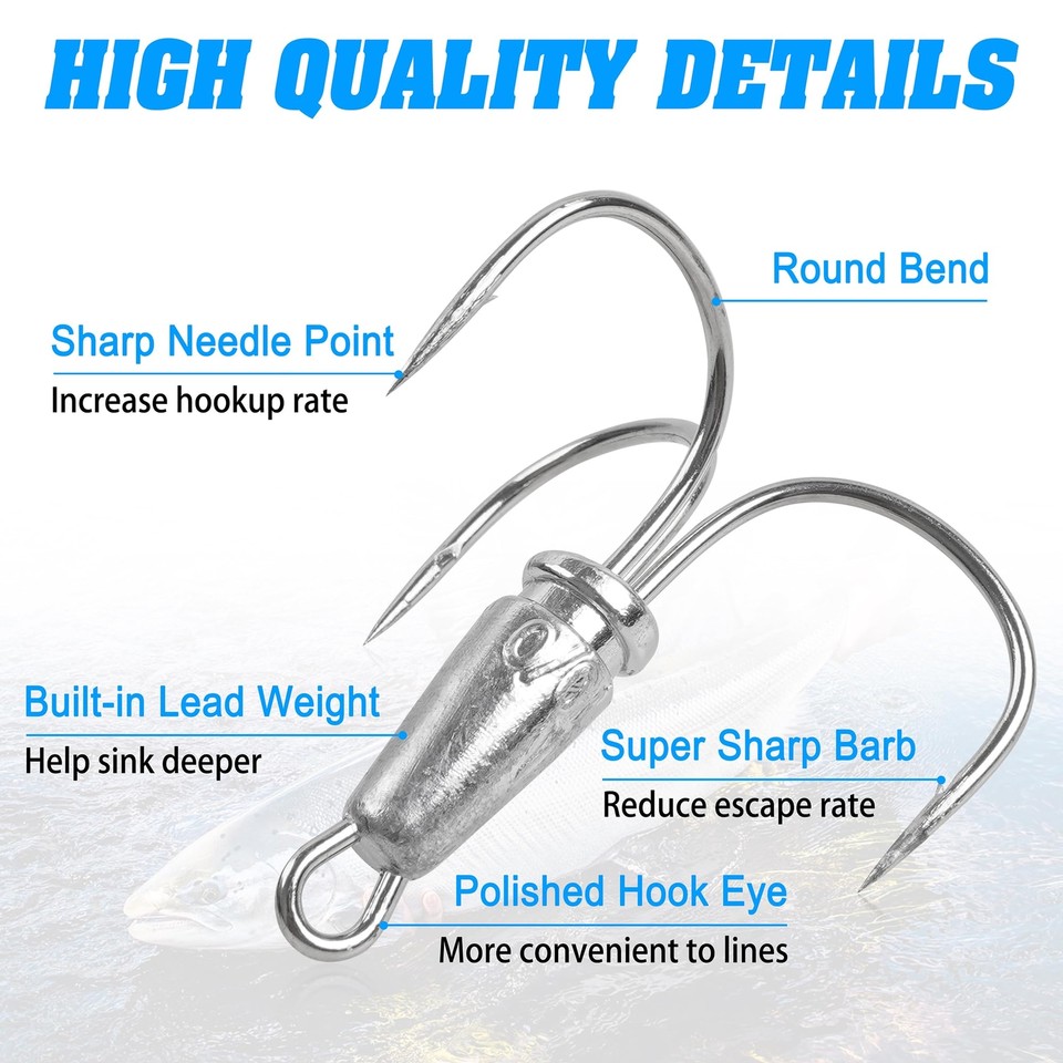 Snagging Hooks,5 Packs Snagging Weighted Treble Hook Large Size Fishing