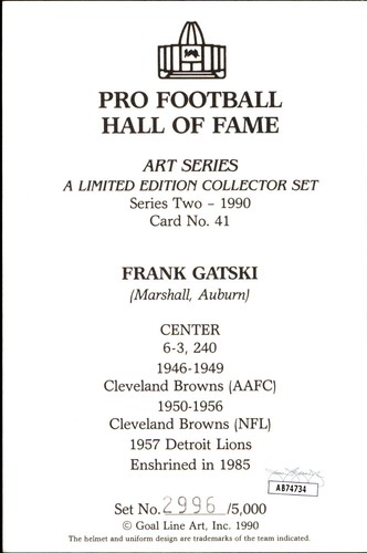Frank Gatski HOF Autographed/Inscribed Goal Line Art GLAC Postcard Browns JSA - Picture 2 of 2