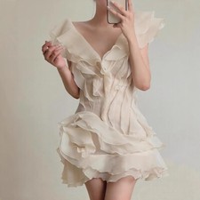 New Sexy Ladies Summer Lace Mesh V-neck Shoulder Dress Ruffled Edges Midi Dress