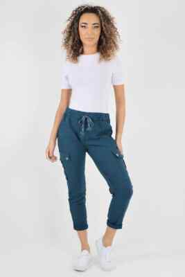 Damen italienische Kordelzug Bund Stretch Cargo Hose Tasche magische Hose