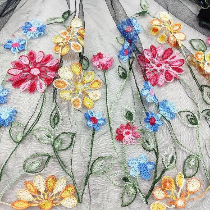 Multicolor Flower Embroidered symmetry Floral tulle lace fabric Soft black mesh - Image 4 of 4